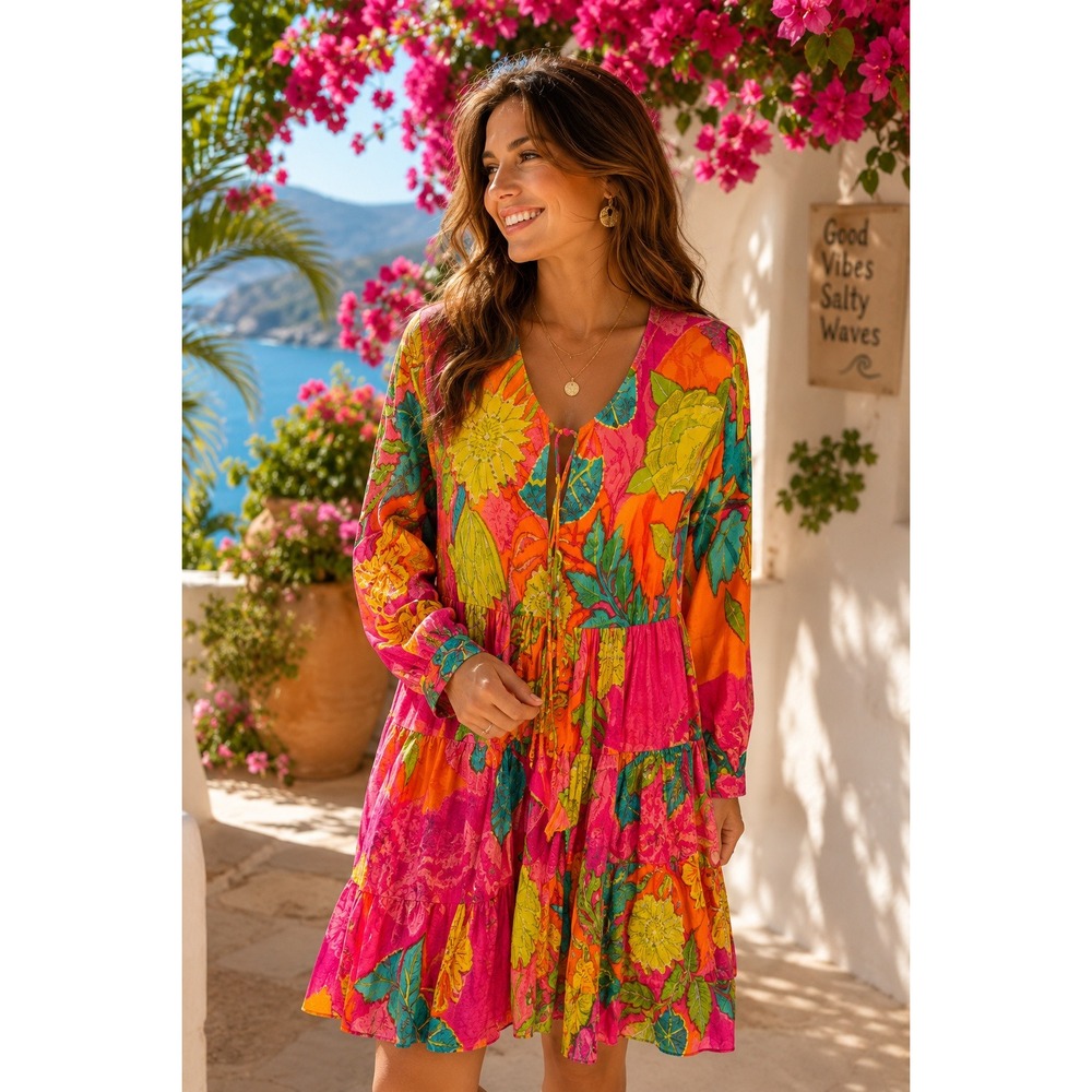 Velzera Boho Tiered Mini Dress Small Pink Orange Floral 100% Cotton Tropical